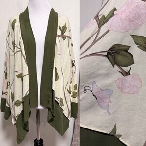 VTG Anne Namba Womens Silk Kimono Cardigan Green Pink Floral Butterfly Whimsical